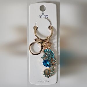 Mint Rhinestone Turquoise Seahorse Bag Charm Keychain w/ Gold Tone Hardware